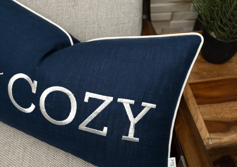 YugTex Romantic Couple Love Sentiment Embroidered Decorative Sayings Lumbar Accent Throw Pillowcase - Get Cozy Phrase Decor for Wedding, Anniversary, Valentine - 12x20 Inches, Navy Blue - Image 2